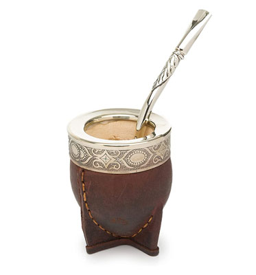 handmade yerba mate gourd in leather with steel bombilla