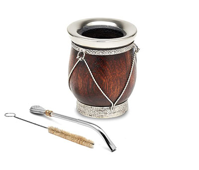 Mate gourd made of wood with silver details and steel bombilla